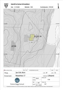Situasjonsplan som viser tomtens form, høydeforhold (konturlinjer), nabotomter (87/39), planlagt bygning (87/32,38) og prosjektnummer.