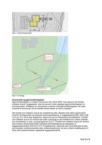 Bildet viser to situasjonsplaner (Figur 1 og Figur 2) som illustrerer bygningens plassering i terrenget, samt vassanlegg og tilknyttede ledninger.