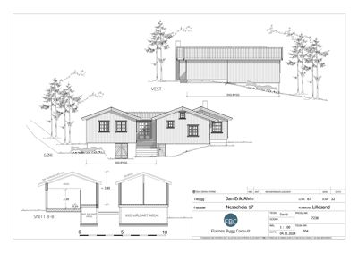Fasadetegning med oppriss av bygning sett fra vest og sør, samt snitt B-B som viser høyder og konstruksjon.