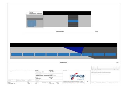 Fasadetegning for bygning på Tørravegen 105, viser fasade Nordvest med fargefelt og detaljer.