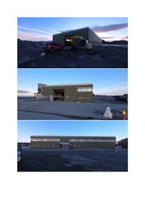 Fotografier av en grønn industribygning sett fra ulike vinkler.