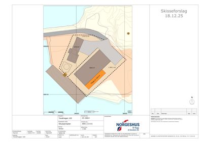 Situasjonsplan som viser tomtens form, omgivelser, topografi og plassering av bygninger.