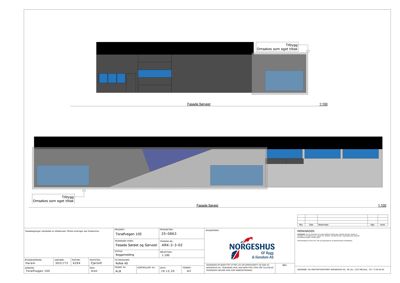 Fasadetegning som viser bygningens utseende sett fra vest (Fasade Sørvest).