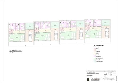 Etasjeplan (Et. 1) som viser romfordeling, møblering og plassering av kjøretøy i en campinghytte.