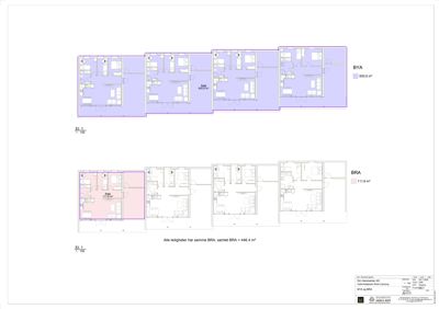 Etasjeplan (Et 1) som viser romfordeling og arealoppdeling for ulike leilighetsalternativ (BYA og BRA) i en bygning.