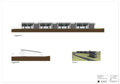Bildet viser to snittegninger (Terrensnitt AA og Terrensnitt BB) av en bygning, samt en 3D-visualisering (rendering) av bygningen sett fra siden.