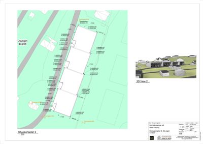 Situasjonsplan som viser tomtens form, grenser, høyder og plassering av bygninger i forhold til veier og nabotomter.