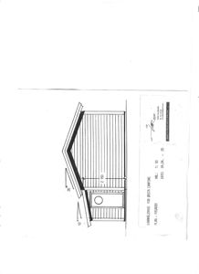 Fasadetegning av et vindmøllerhus med oppgitt mål og detaljer.