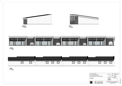 Fasadetegning som viser bygningens utseende fra fire sider (Nord, Sør, Vest, Øst) med skala 1:100.