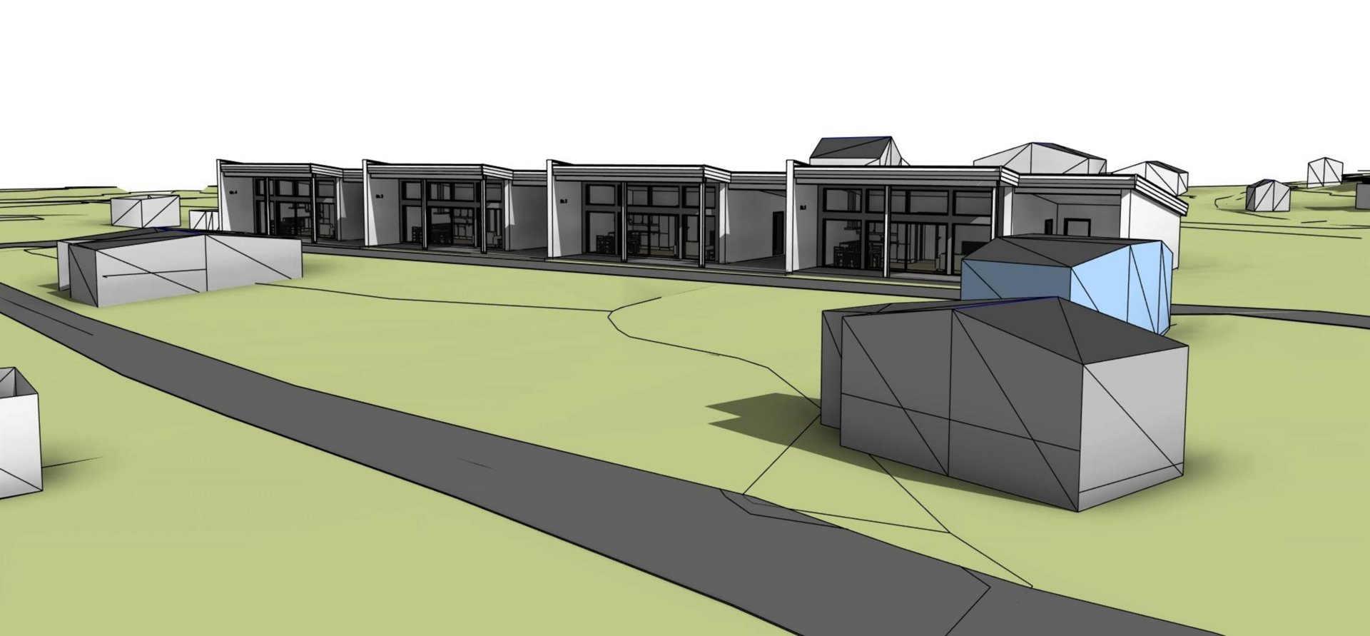 En 3D-visualisering (rendering) som viser en gruppe bygninger i et landskap med en vei. Tegningen har en grov, ufullendt stil med synlige geometriske former og skygger.