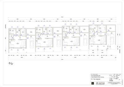 Etasjeplan (Et. 1) for en leilighetsbebyggelse med romfordeling, mål og parkeringsplasser.