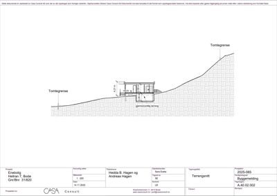 Tegning som viser et tverrsnitt (snitt) gjennom en bygning i forhold til terrenget, med høydemål og tomtegrenser.