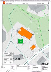 Situasjonsplan som viser tomtens grenser, eksisterende og planlagt bebyggelse, veier og arealoppdelinger.