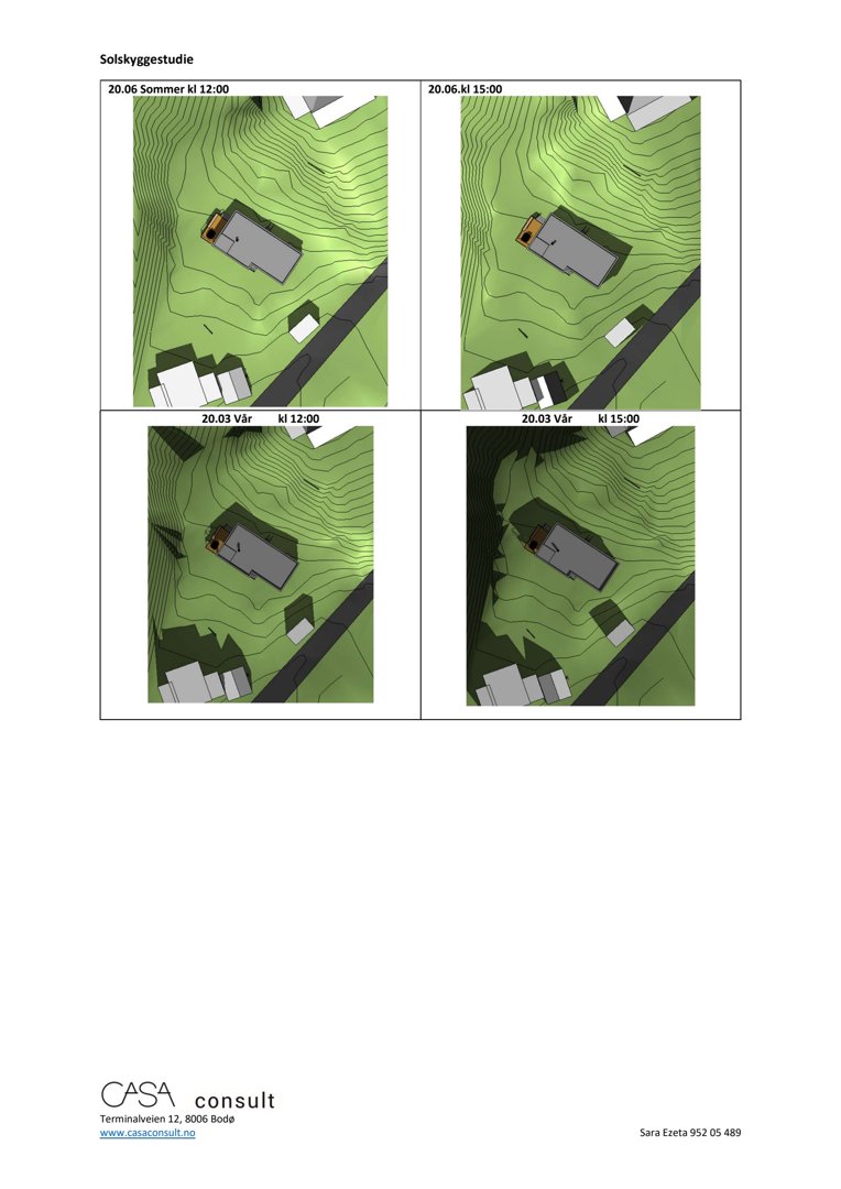 Solskyggestudie som viser bygningens skygger ved ulike tidspunkt og årstider