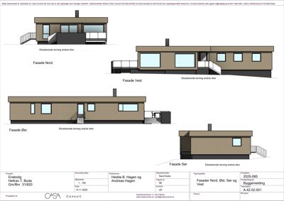 Fasadetegning som viser bygningens utseende fra fire sider (Nord, Vest, Øst og Sør).