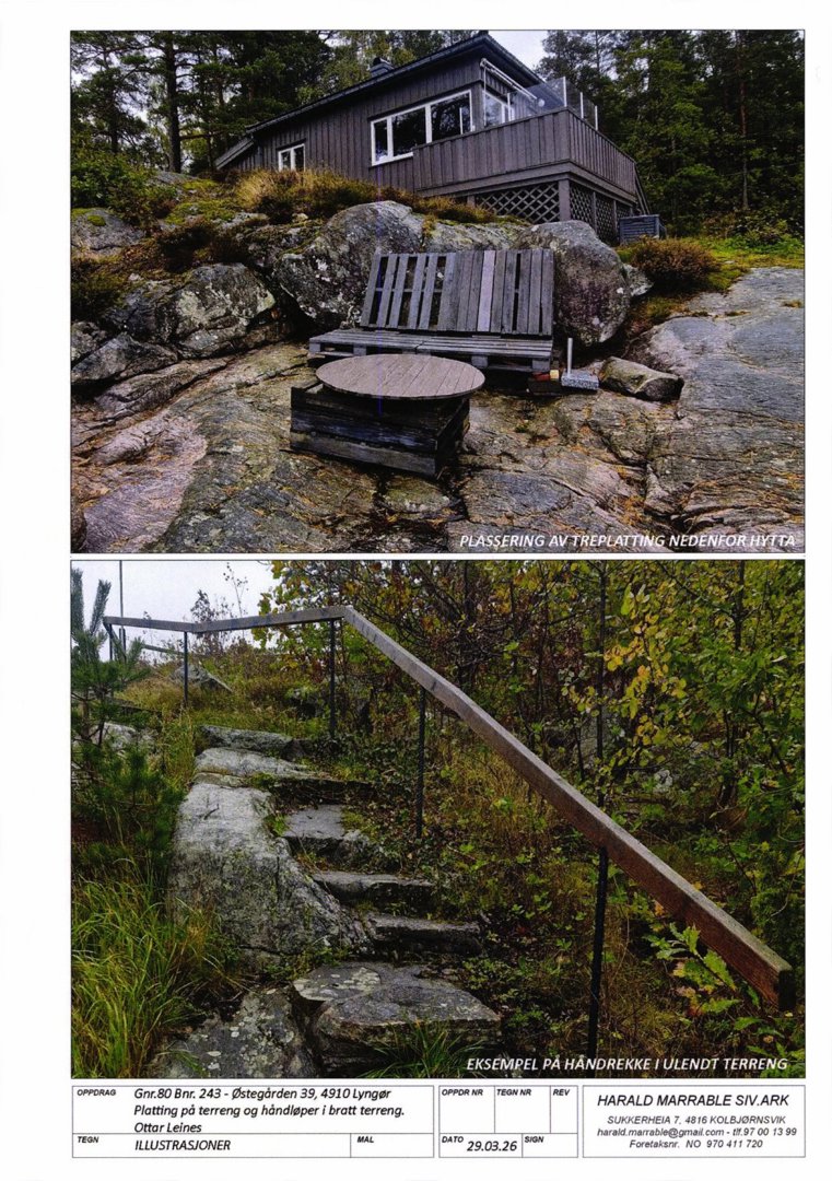 Fotografier som viser eksempler på plassering av treplatting og håndrekk i ulendt terreng for byggesaken.