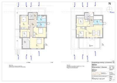 Plantegning av 2. etasje og loft for en bolig, med romfordeling, dører, vinduer og snittlinjer.