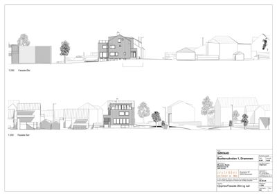 Oppriss (fasadetegning) av en bygning sett fra øst og sør, inkludert omgivelsene.
