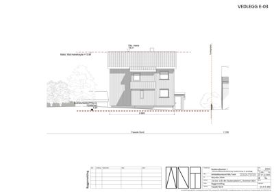 Fasadetegning (opprikk) av bygningen sett fra nord, med angitte mål og høyder.