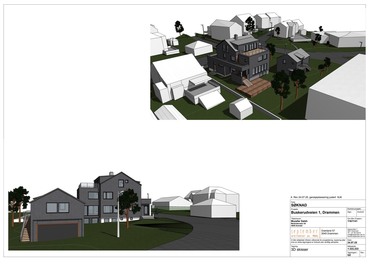 Bildet viser 3D-visualiseringer (renderinger) av en boligbebyggelse, inkludert et etasjeplan og en fasadevisning.