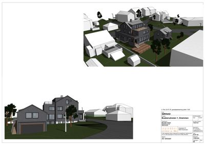 Bildet viser 3D-visualiseringer (renderinger) av en boligbebyggelse, inkludert et etasjeplan og en fasadevisning.