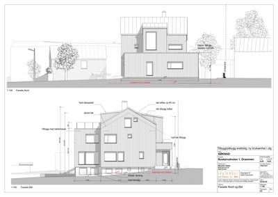 Fasadetegning som viser oppriss av bygningen sett fra nord og øst, inkludert detaljer om takkonstruksjon, vinduer og terrassering.