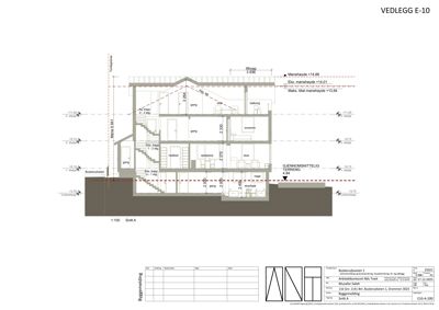 Snittegning (Snitt A) som viser etasjehøyder, romfordeling og takkonstruksjon.