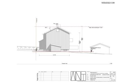 Fasadetegning (opprikk) av bygningen sett fra vest, med mål og høydeangivelser.