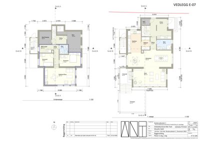 Etasjeplan for 1. etasje i en bolig, med romfordeling, mål og snittreferanser.