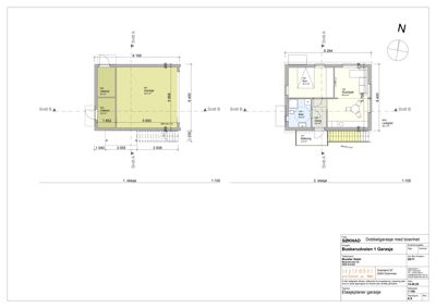 Etasjeplaner for en dobbelgarasje med boenhet, som viser romfordeling og mål for 1. etasje (garasje) og 2. etasje (bolig).