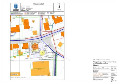 Situasjonskart som viser eiendomsgrunn, naboeiendommer, veier og infrastruktur i Drammen kommune.