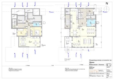 Plantegning som viser romfordeling og arealer for U-etasje og 1. etasje i en bolig.