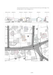 Situasjonsplan som viser tomtens plassering i forhold til nabolag, samt en fasadeoppvisning av nærliggende bygninger for høydebegrensning.