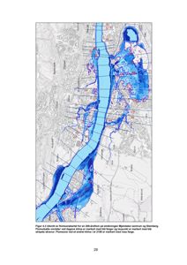 Flomsonekart som viser oversvømmelsesområder for en 200-årsflom i Mjøndalen sentrum og Steinberg.