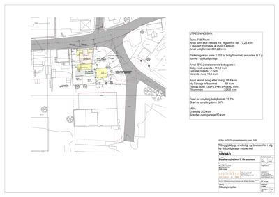 Situasjonsplan som viser bygningens plassering i forhold til naboeiendom og vei, samt utregning av arealer.