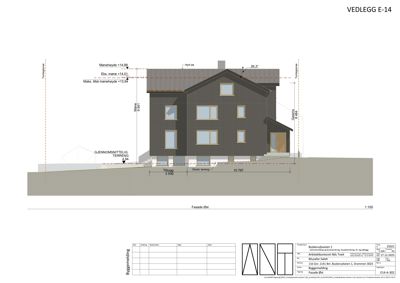 Fasadetegning av en bolig sett fra øst, med mål og høydeangivelser.