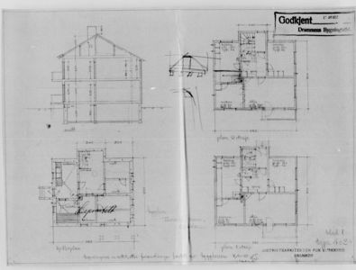 Bildet viser en tegning med etasjeplaner (etasjeplan og plan 2 etasje) samt et snitt av en bygning.