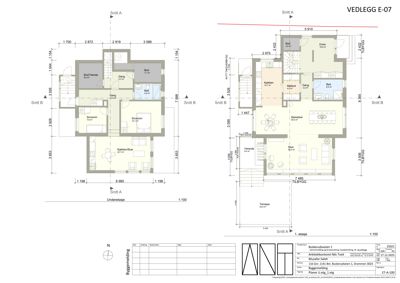 Etasjeplaner for en bolig, som viser romfordeling, mål og snittlinjer.