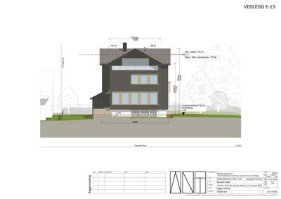 Fasadetegning som viser bygningens utseende sett fra sør, med mål og høydeangivelser.