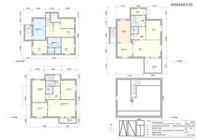 Etasjeplaner for tre etasjer av en bygning (1. etasje, 2. etasje, 3. etasje) med romfordeling og mål.