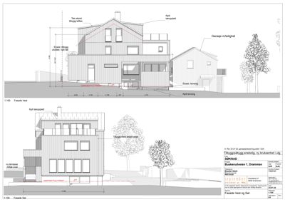 Fasadetegning som viser bygningens utseende fra vest og sør, med mål og notasjoner.