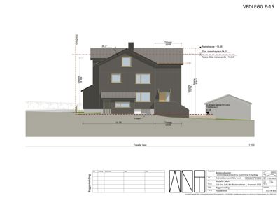 Fasadetegning av en bolig sett fra vest, med mål og høydeangivelser.