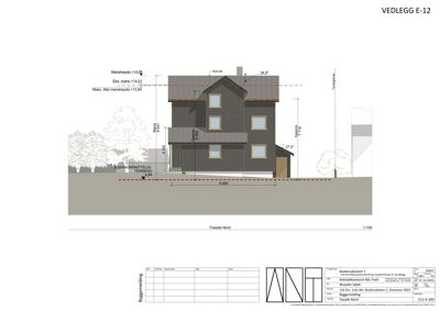 Fasadetegning (opprikk) av bygningen sett fra nord, med mål og høydeangivelser.