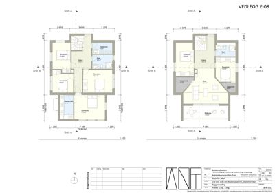 Plantegning som viser romfordeling og dimensjoner for 2. etasje (venstre) og 3. etasje (høyre).