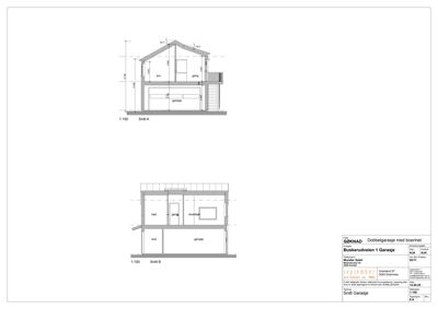 Snittegning av en dobbelgarasje med boenhet, viser tverrsnittet av bygningen med romfordeling og mål.