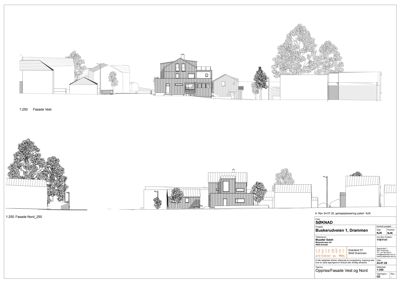Fasadetegning som viser oppriss av bygninger sett fra vest og nord.