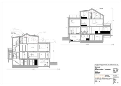 Tegning som viser tverrsnittet av en bolig (Snitt A og Snitt B), inkludert romfordeling og høyder.
