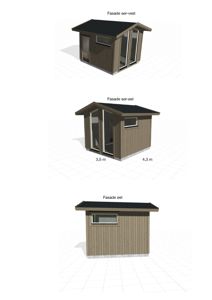 Bildet viser tre 3D-visualiseringer av fasader på en liten bygning (sør-vest, sør-øst og øst) med angitte mål.