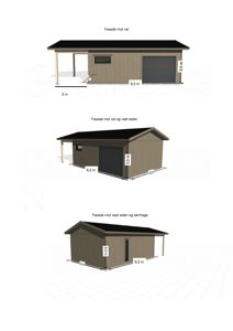 Bildet viser tre 3D-visualiseringer (renderinger) av en bygning sett fra ulike vinkler: fasade mot vei, fasade mot vei og vest siden, samt fasade mot vest siden og sørhage. Det er også angitt mål på bygningen.