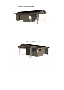 3D-visualisering av en bygning (garasje/utleiebolig) med to utsnitt: fasade mot sør/hage og fasade mot gårdsplass/nord/vest.